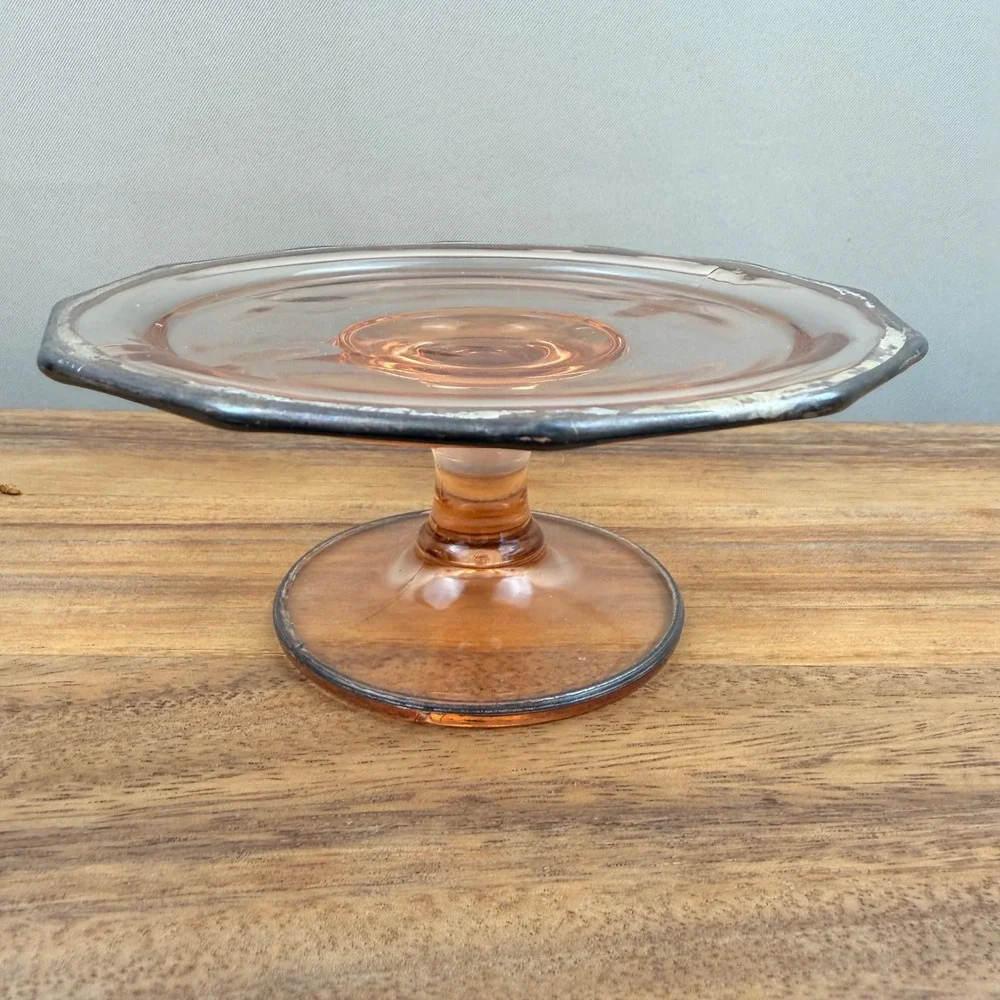 Vintage Pink Depression Glass Octagon Pedestal Cake Stand Silver Rim 5.5in